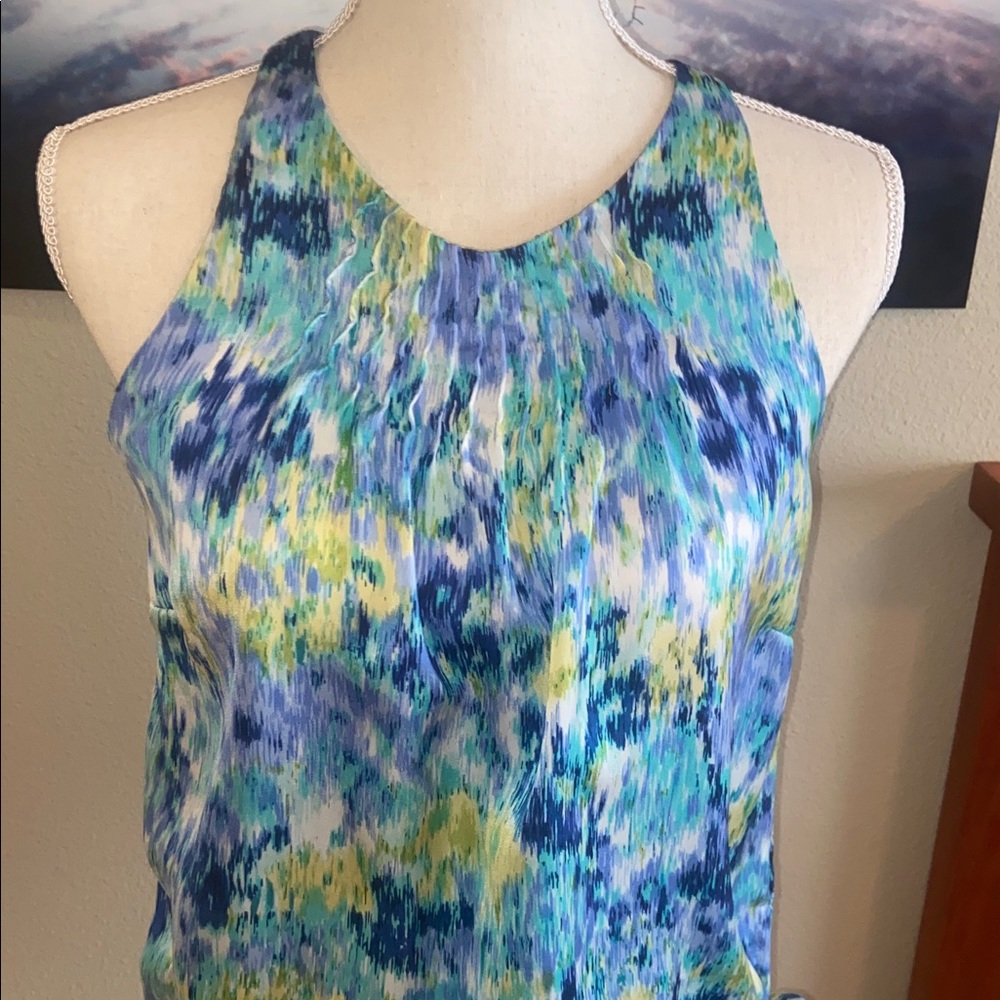 Monet Van Gogh Artsy Abstract Sleeveless Blouse Tuxedo Pleats Side Bow Keyhole